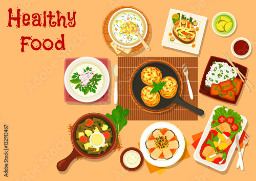 Chinese and russian cuisine dinner dishes icon