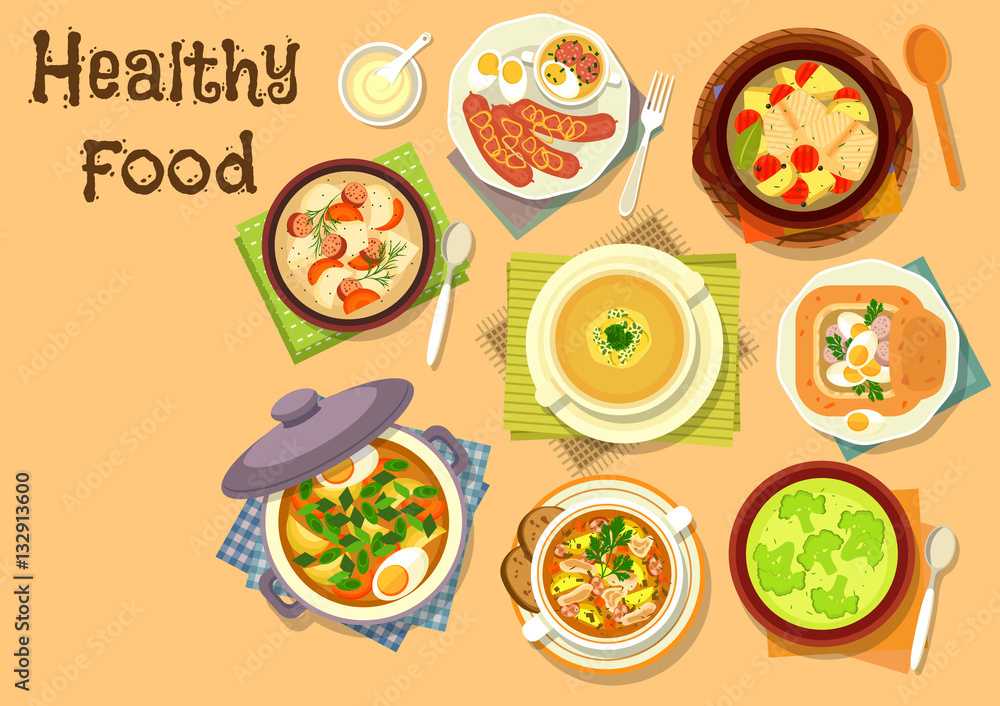 Soup dishes icon for healthy lunch menu design Soup dishes icon for healthy lunch menu design