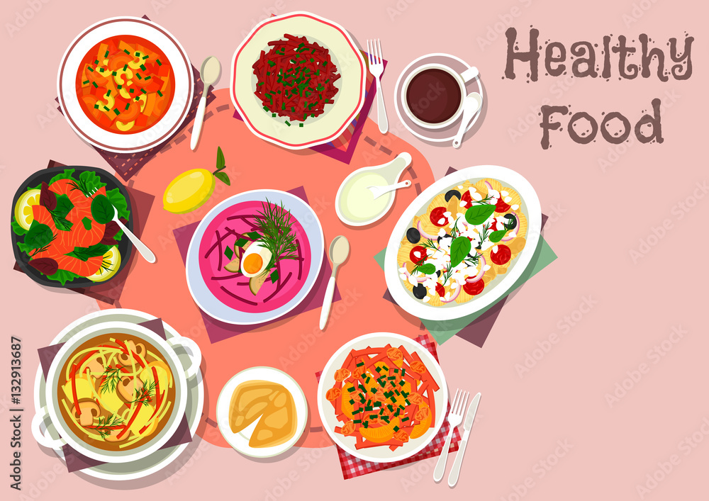 Healthy lunch with soup and salad dishes icon Healthy lunch with soup and salad dishes icon