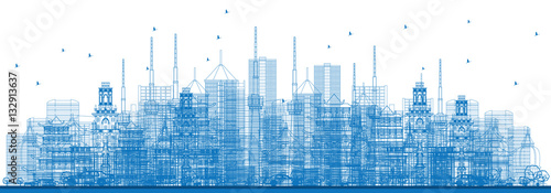 Outline City Skyscrapers and Buildings in Blue Color.
