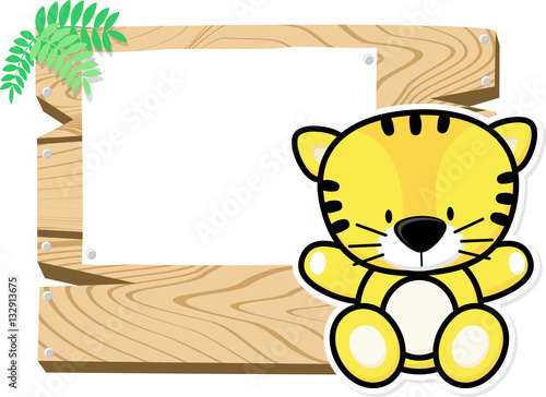 Fototapeta Naklejka Na Ścianę i Meble -  illustration of cute baby tiger on wooden board with blank sign isolated on white background