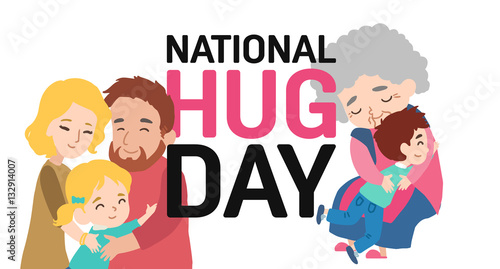 Hug day poster with happy family. Vector illustration