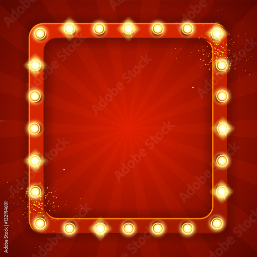 Retro frame with glowing lamps. Vector illustration with shining lights in vintage style. Label for winners of poker, cards, roulette and lottery.