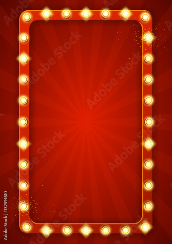 Red retro frame with lamps. Vector illustration with shining lights in vintage style. Label for winners of poker, cards, roulette and lottery.