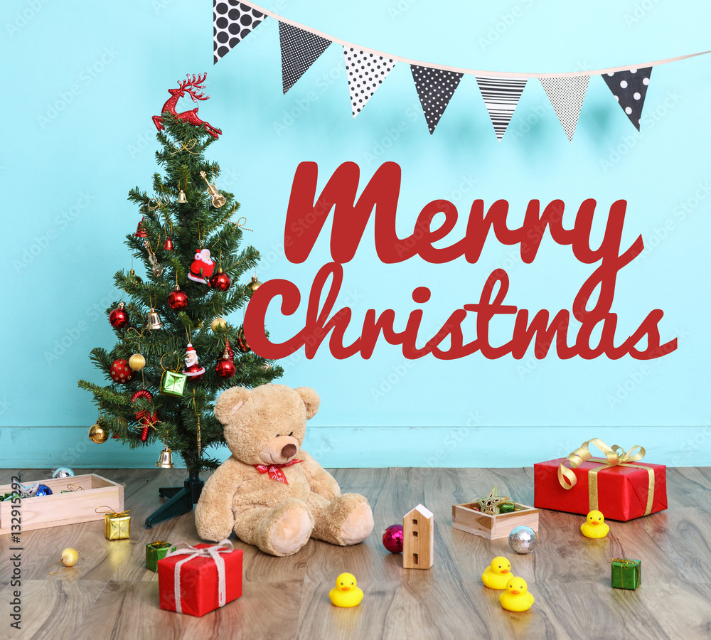 Christmas tree, flag and Christmas decorations with toy teddy be Christmas tree, flag and Christmas decorations with toy teddy be