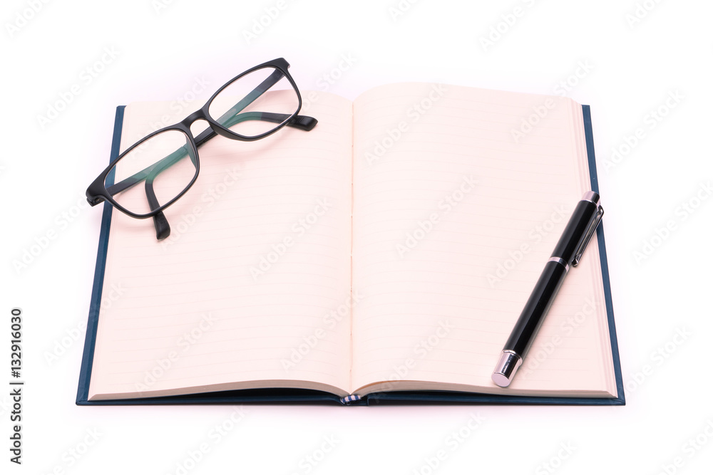 Open blank paper leather notebook with pen on white background. Open blank paper leather notebook with pen on white background.