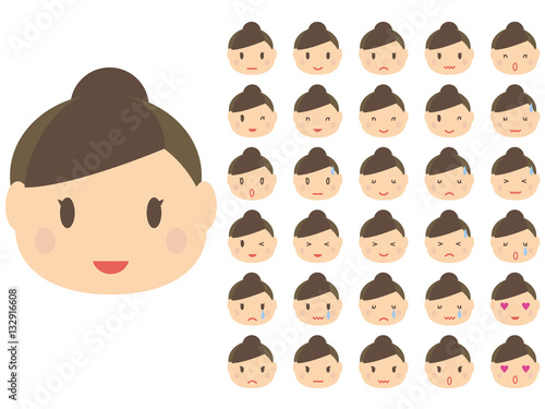 かわいい　髪をまとめた女性　たくさんの表情の顔パーツ