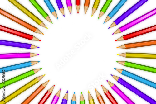 3D rendered illustration of a ring of rainbow colored pencils creating a circle shape isolated over white background.