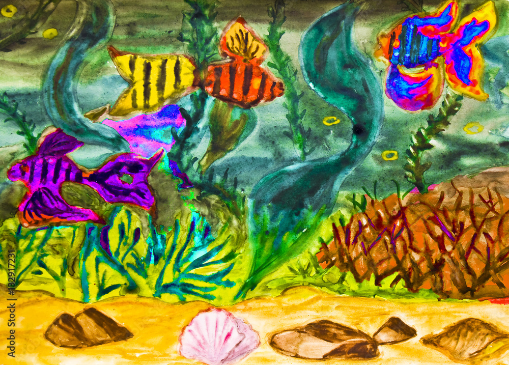 Fishes in water, watercolor Fishes in water, watercolor