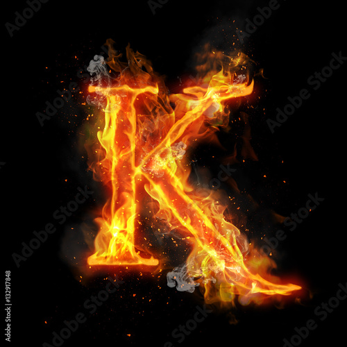Fire letter K of burning flame light