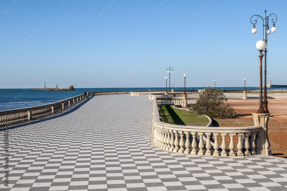Terrazza Mascagni, the promenade in the historic center of Livorno, Tuscany, Italy, on a sunny day