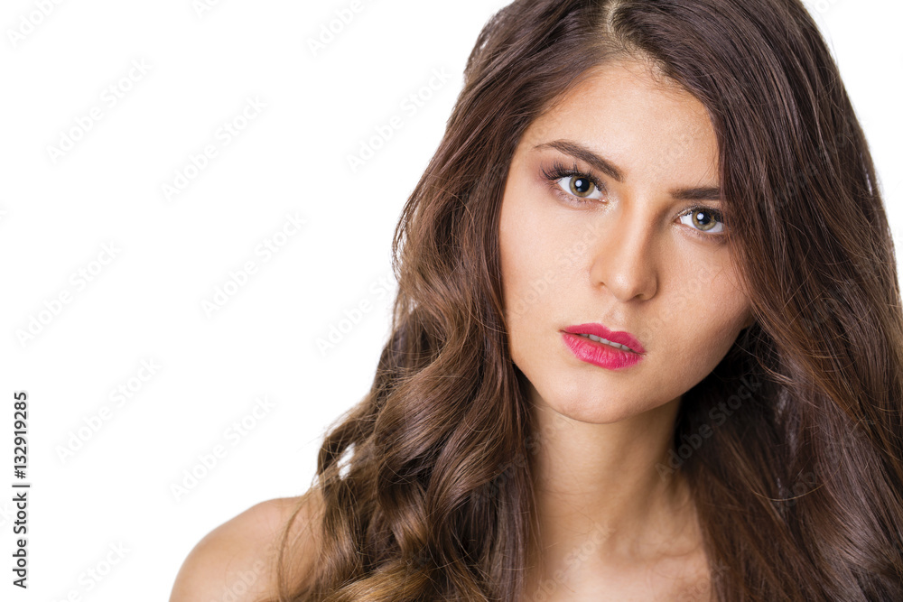 Beautiful woman face close up portrait studio on white Beautiful woman face close up portrait studio on white