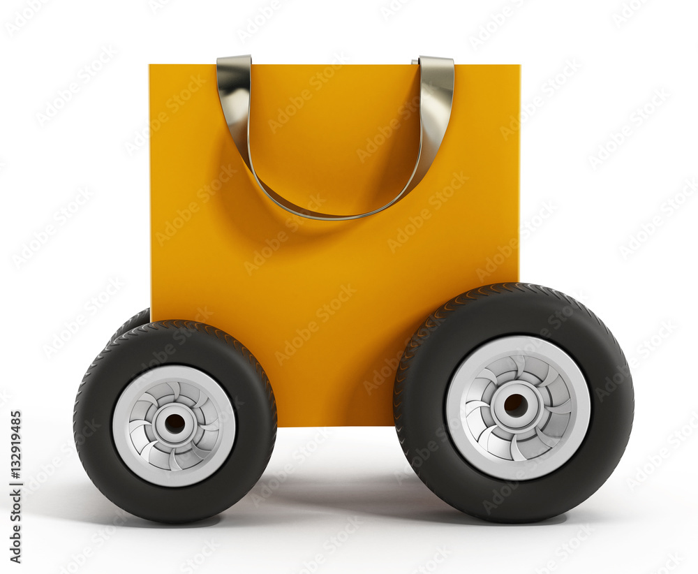 Naklejka premium Shopping bag with wheels. Speed delivery concept. 3D illustration
