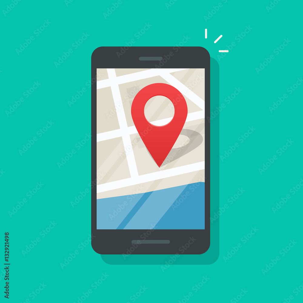 Mobile phone geo location, smartphone gps navigator city map and pin road pointer, roadmap direction, idea of quest game route, found location vector illustration isolated on color background Mobile phone geo location, smartphone gps navigator city map and pin road pointer, roadmap direction, idea of quest game route, found location vector illustration isolated on color background