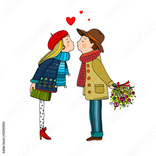 Couple kissing, Valentines day greeting card, hand drawn vector illustration