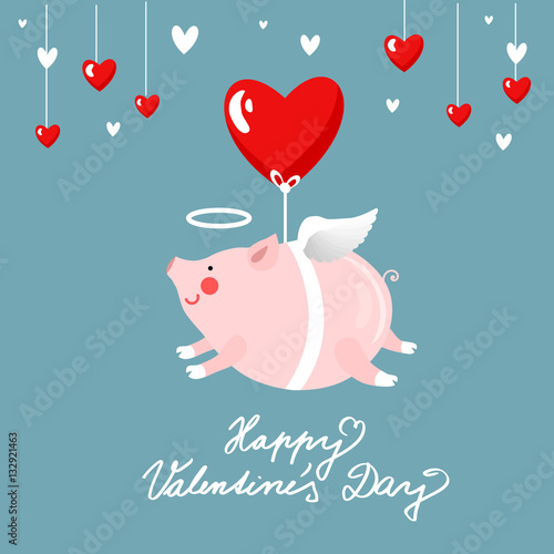 Flying pig with hearts, Valentines day greeting card, vector illustration