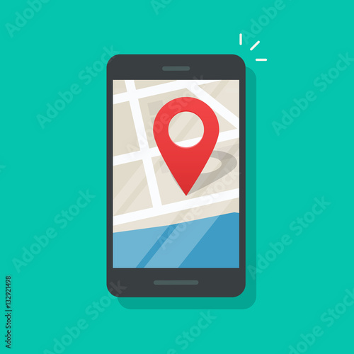 Mobile phone geo location, smartphone gps navigator city map and pin road pointer, roadmap direction, idea of quest game route, found location vector illustration isolated on color background