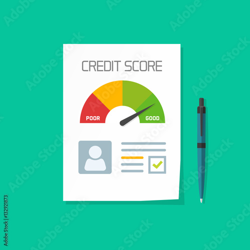 Credit score document vector concept, paper sheet chart of personal credit score information and pen, personal data report form, good index of credit history and approved stamp