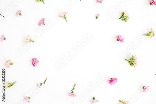 Frame with pink and beige wildflower buds, green leaves, branches on white background. Flat lay, top view. Valentine's background