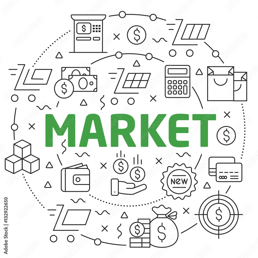 Vector Line Art Illustration in Flat styles market Vector Line Art Illustration in Flat styles market