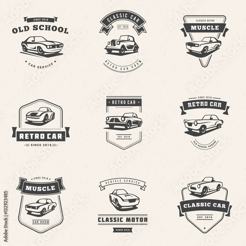 Fototapeta Zestaw logo klasycznego samochodu, emblematy, odznaki. Naprawa samochodów serwisowych, renowacja samochodów oraz elementy wystroju klubu samochodowego. Ilustracja wektorowa