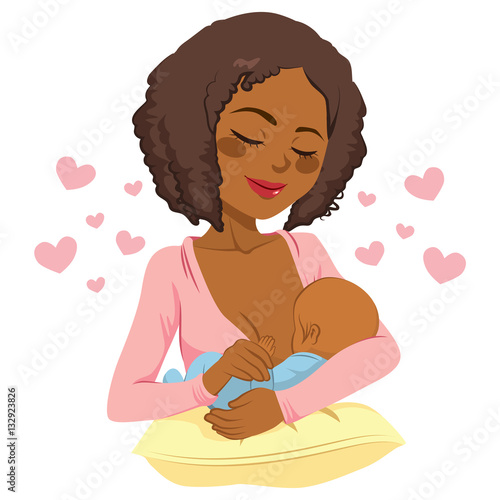 Young African American mother holding her newborn baby child in her arms breastfeeding