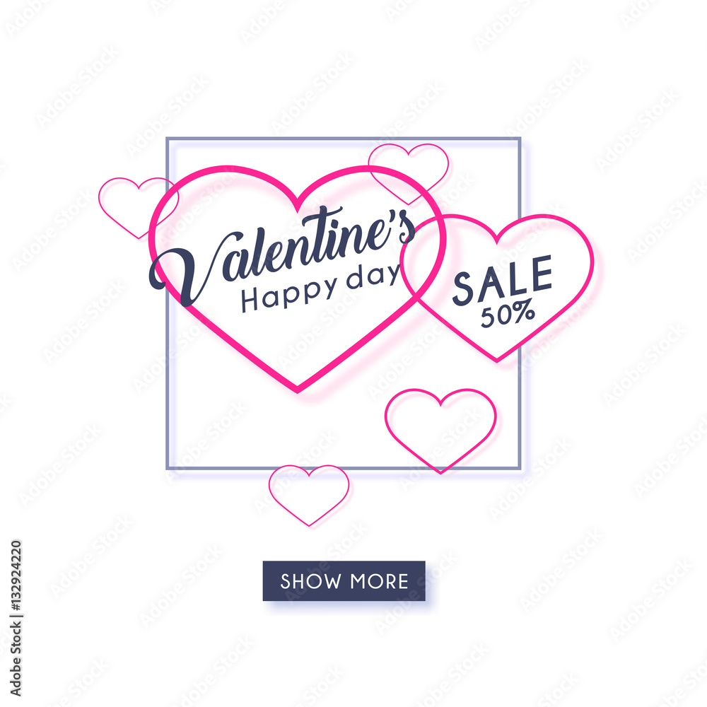 Happy Valentine day vector banner social network template with sale tag in frame
