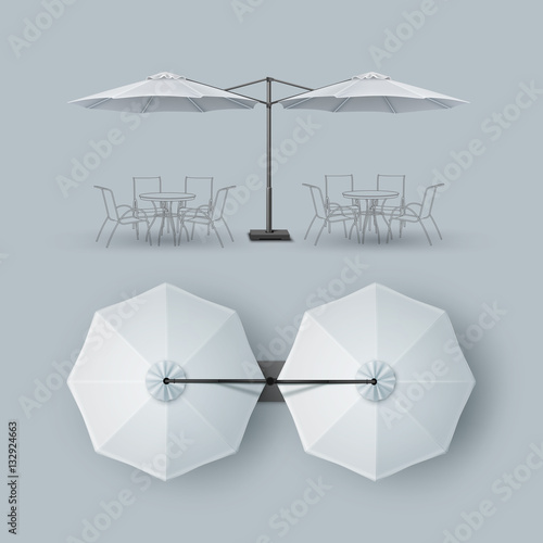 Vector White Blank Patio Double Outdoor Beach Cafe Bar Pub Lounge Restaurant Round Umbrella Parasol for Branding Top Side View Mock up Close up Isolated on Background