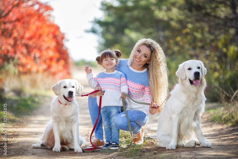 Family portrait of young blonde woman with long wavy hair and a little girl,walking along with two dogs of breed Golden Retriever in a beautiful autumn Park