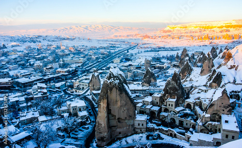 Evening panoramic view of Goreme in Cappadocia during winter, Turkey