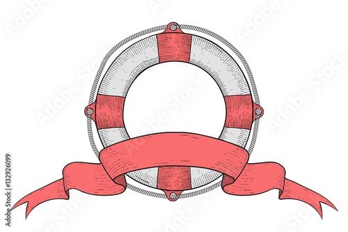 Lifebuoy with ribbon baner. Hand drawn colored sketch