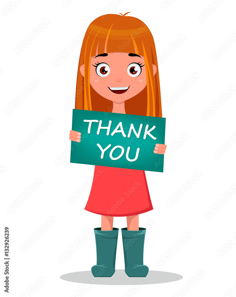 Cute funny smiling cartoon girl holding sign "Thank You". Vector