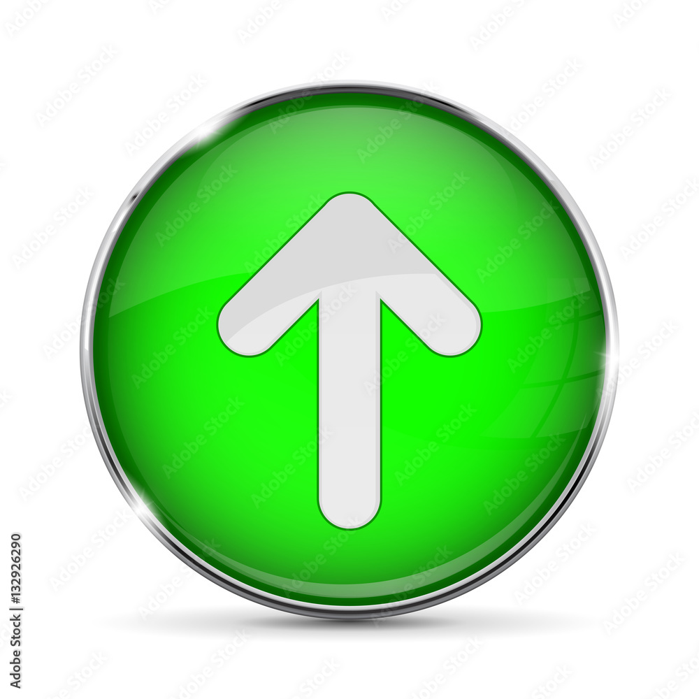 Round green button with UP arrow, with chrome frame Round green button with UP arrow, with chrome frame