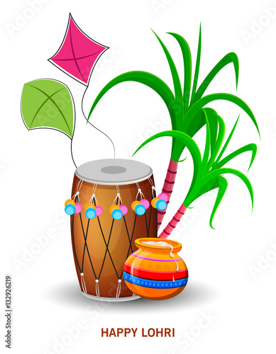 Happy Lohri greeting card with drum, kite and sugarcane, Punjabi traditional Festival. Vector illustration on white background