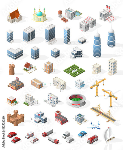 Collection of Realistic Isometric High Quality City Element for Map. Buildings.