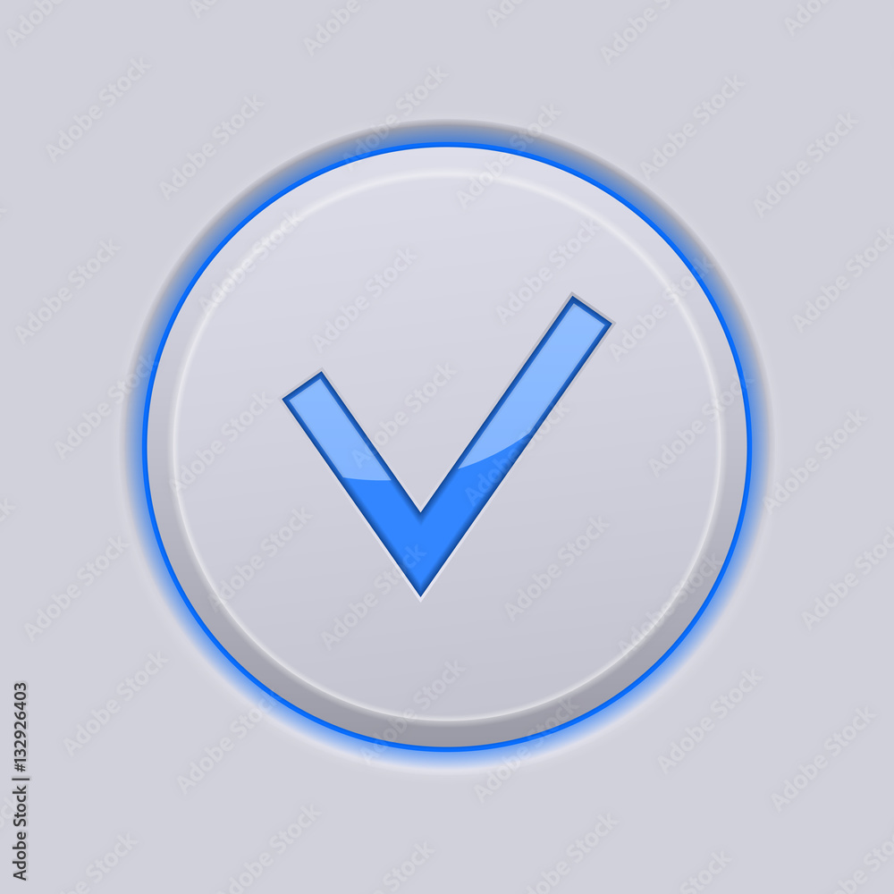 Submit button. Blue check icon on gray plastic background Submit button. Blue check icon on gray plastic background