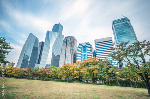 Photography modern office buildings in seoul in cloud sky from