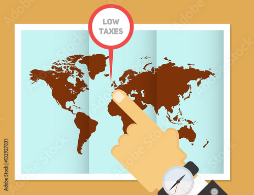 Low taxes for business. In search of offshore vector illustration. Hand of businessman pointing to the place of the map