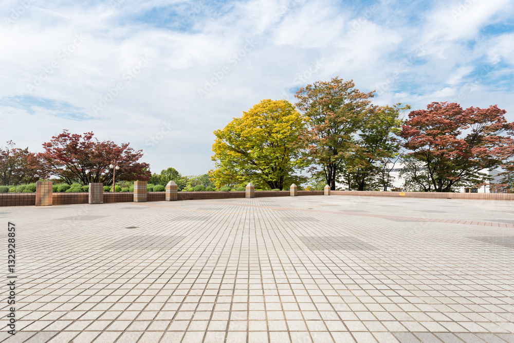 empty brick floor near park in cloud sky empty brick floor near park in cloud sky