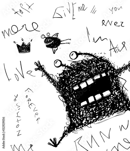 Horrible scribble hand drawn monster monochrome doodle design