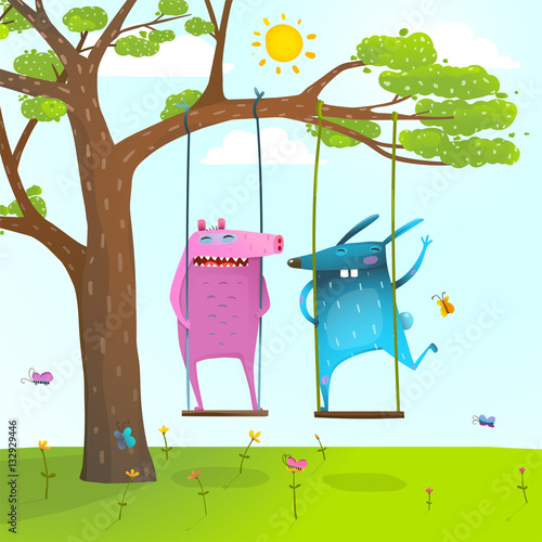 Summer tree friends animals monsters cute and funny swinging kids cartoon