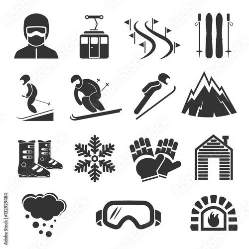 Ski resort sports icons. Winter snow skiing sport signs