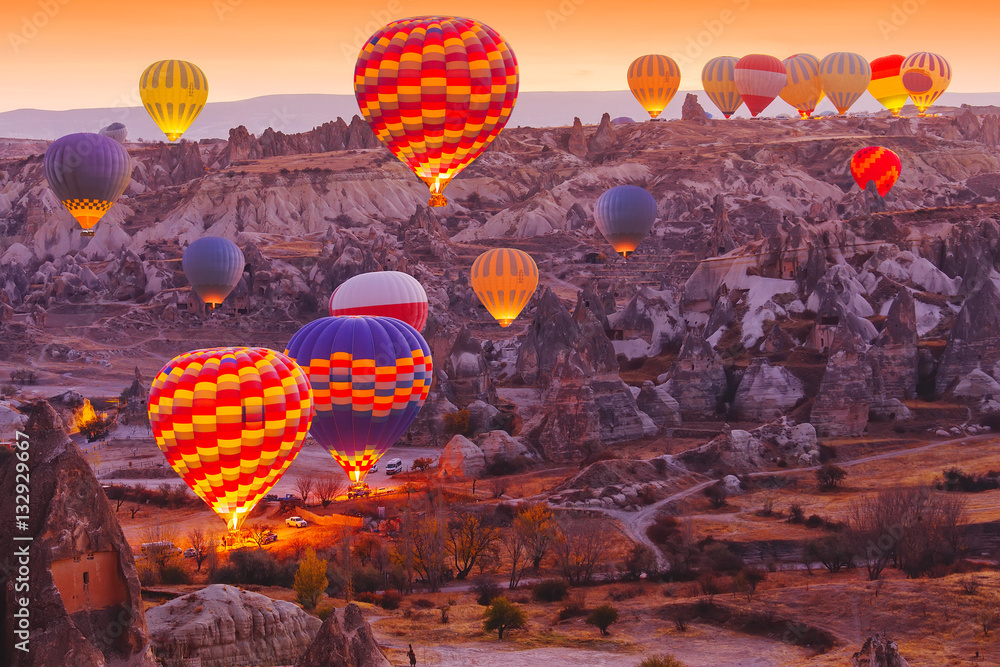 Naklejka premium Scenic wibrujący widok balonów lotu w dolinie Kapadocji ws