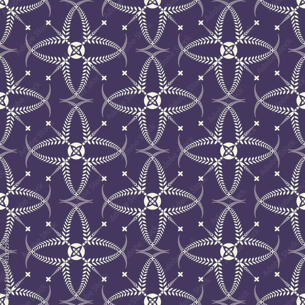 Religion seamless pattern. Laurel wreath, lace view texture with cross. Ceremonial, funeral background. Swirl stylized ornament. Purple, light gray colored. Vector Religion seamless pattern. Laurel wreath, lace view texture with cross. Ceremonial, funeral background. Swirl stylized ornament. Purple, light gray colored. Vector