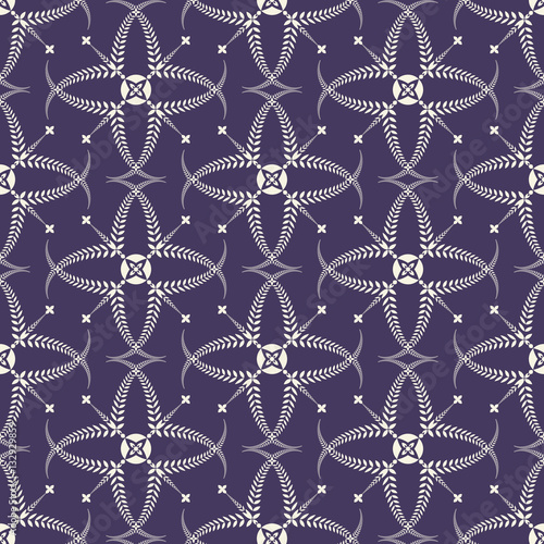 Religion seamless pattern. Laurel wreath, lace view texture with cross. Ceremonial, funeral background. Swirl stylized ornament. Purple, light gray colored. Vector 