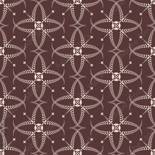 Religion seamless pattern. Laurel wreath, lace view texture with cross. Ceremonial, funeral background. Swirl stylized ornament. Brown, beige colored. Vector