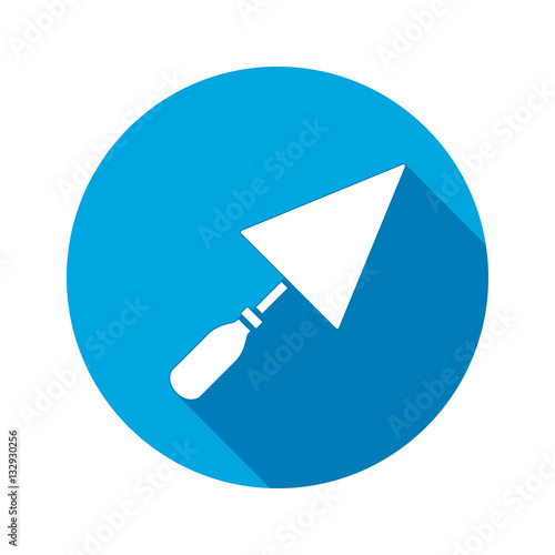 Tool icon. Spattle, surfacer, plastering instrument. Work, job, labour, toil, repair, building symbol. White sign on round blue button with long shadow. Vector isolated