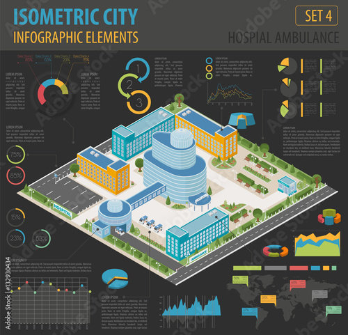 Flat 3d isometric clinic complex and city map constructor elemen