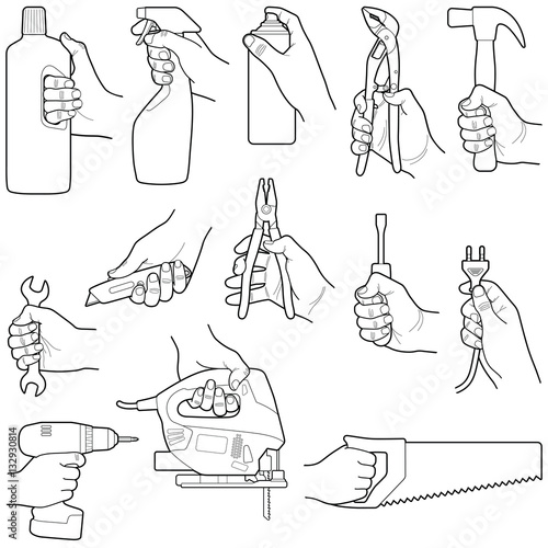 Hands with tools collection - vector line illustration 