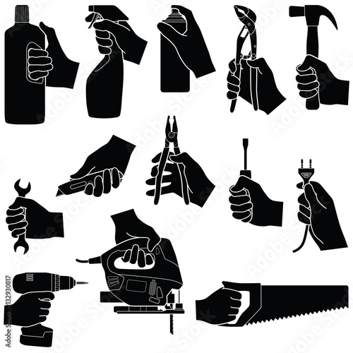 Hands with tools collection - vector silhouette illustration 